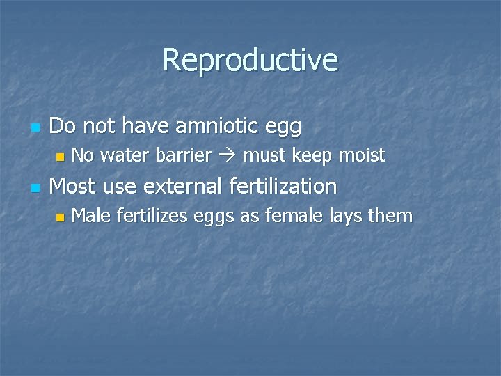 Reproductive n Do not have amniotic egg n n No water barrier must keep