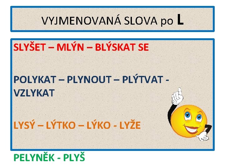 VYJMENOVANÁ SLOVA po L SLYŠET – MLÝN – BLÝSKAT SE POLYKAT – PLYNOUT –