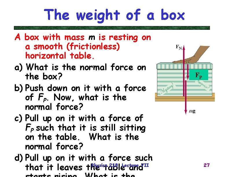 The weight of a box A box with mass m is resting on a