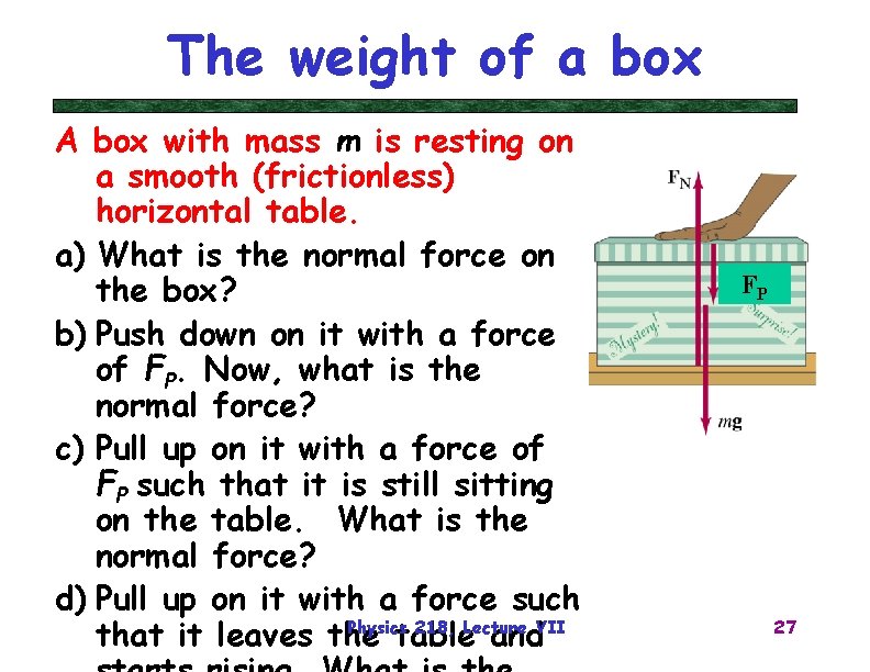 The weight of a box A box with mass m is resting on a