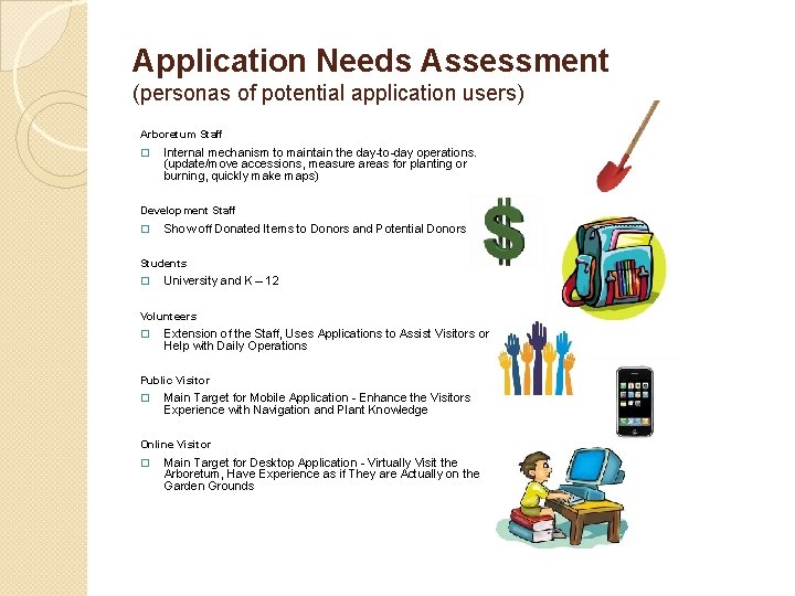 Application Needs Assessment (personas of potential application users) Arboretum Staff � Internal mechanism to