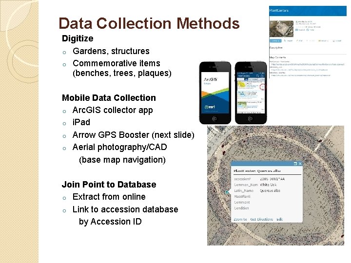 Data Collection Methods Digitize o Gardens, structures o Commemorative items (benches, trees, plaques) Mobile