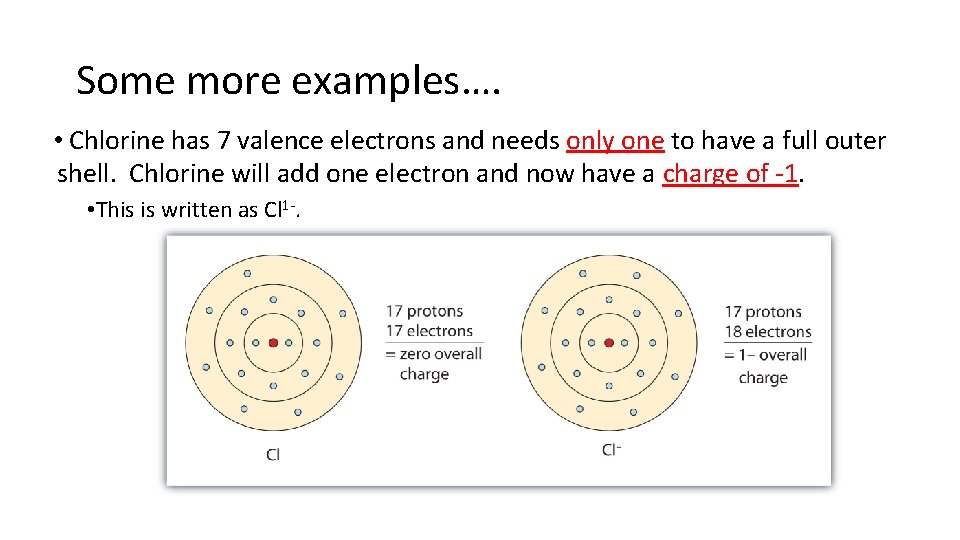 Some more examples…. • Chlorine has 7 valence electrons and needs only one to