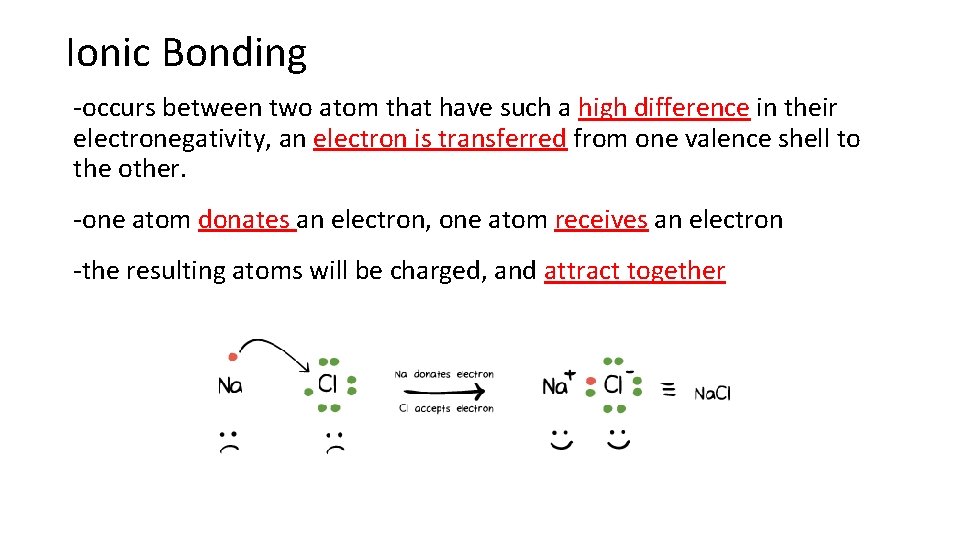 Ionic Bonding -occurs between two atom that have such a high difference in their
