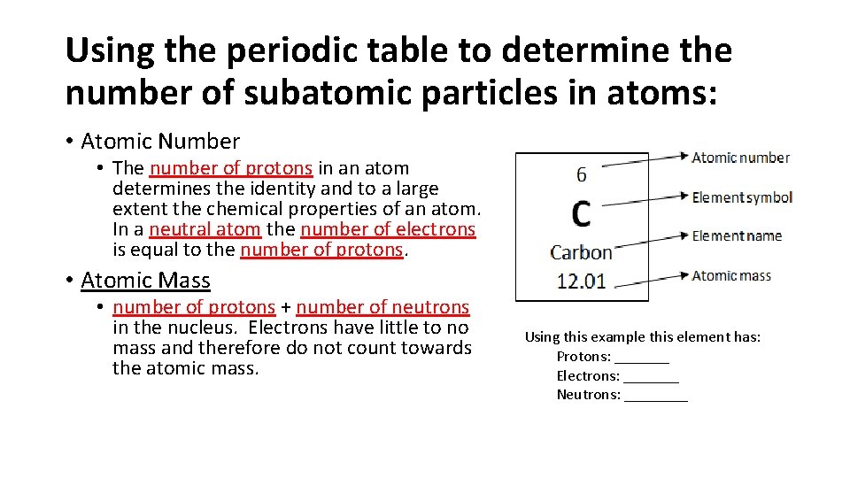 Using the periodic table to determine the number of subatomic particles in atoms: •