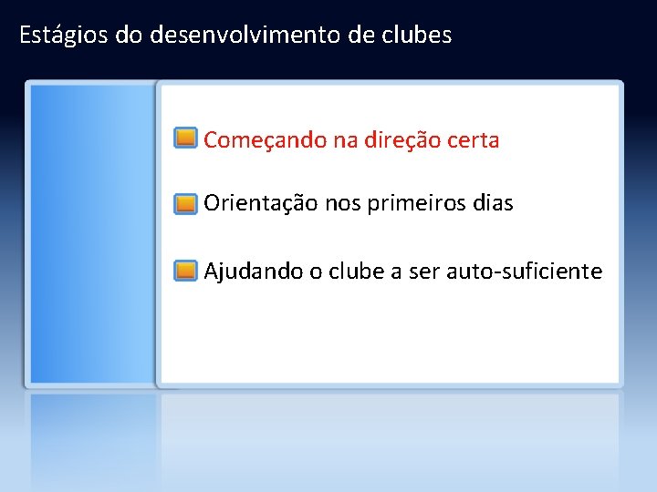 Estágios do desenvolvimento de clubes Começando na direção certa Orientação nos primeiros dias Ajudando