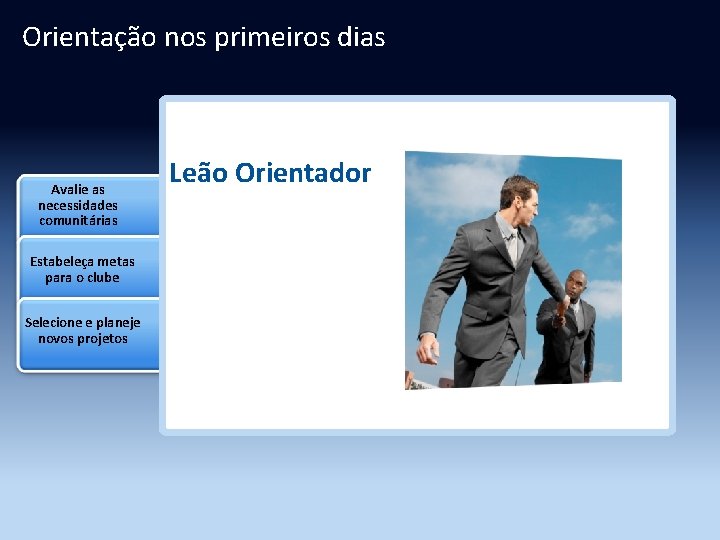 Orientação nos primeiros dias Avalie as necessidades comunitárias Estabeleça metas para o clube Selecione