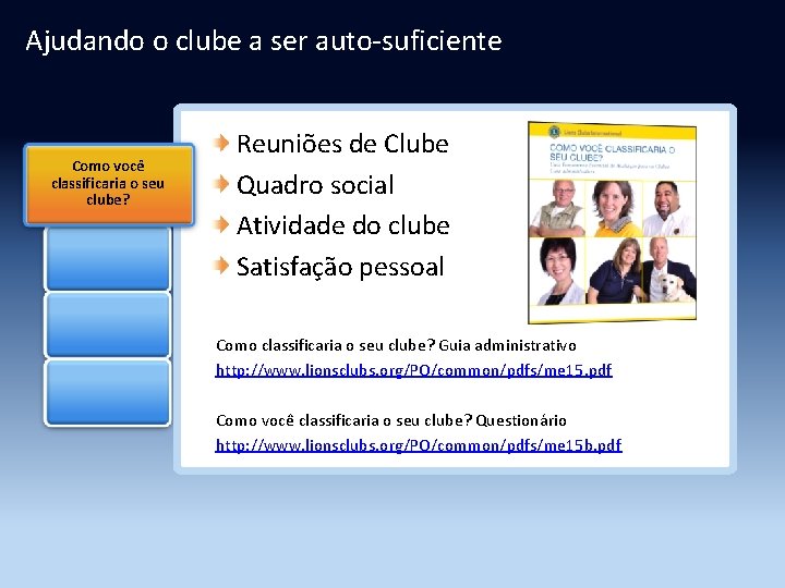 Ajudando o clube a ser auto-suficiente Como você classificaria o seu clube? Reuniões de