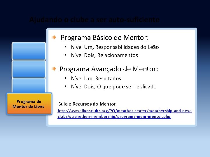 Ajudando o clube a ser auto-suficiente Programa Básico de Mentor: • Nível Um, Responsabilidades