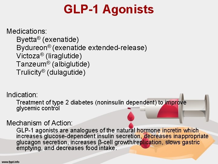 GLP-1 Agonists Medications: Byetta® (exenatide) Bydureon® (exenatide extended-release) Victoza® (liraglutide) Tanzeum® (albiglutide) Trulicity® (dulagutide)