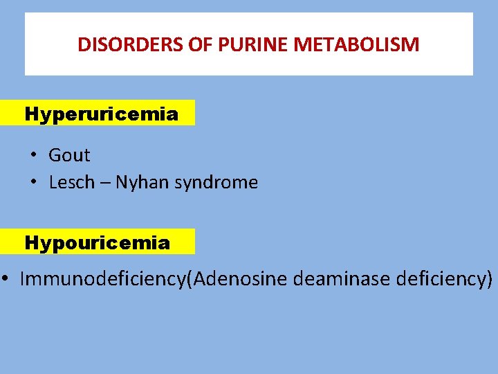 DISORDERS OF PURINE METABOLISM Hyperuricemia • Gout • Lesch – Nyhan syndrome Hypouricemia •