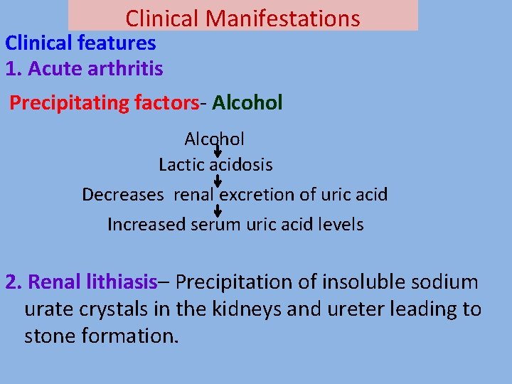 Clinical Manifestations Clinical features 1. Acute arthritis Precipitating factors- Alcohol Lactic acidosis Decreases renal