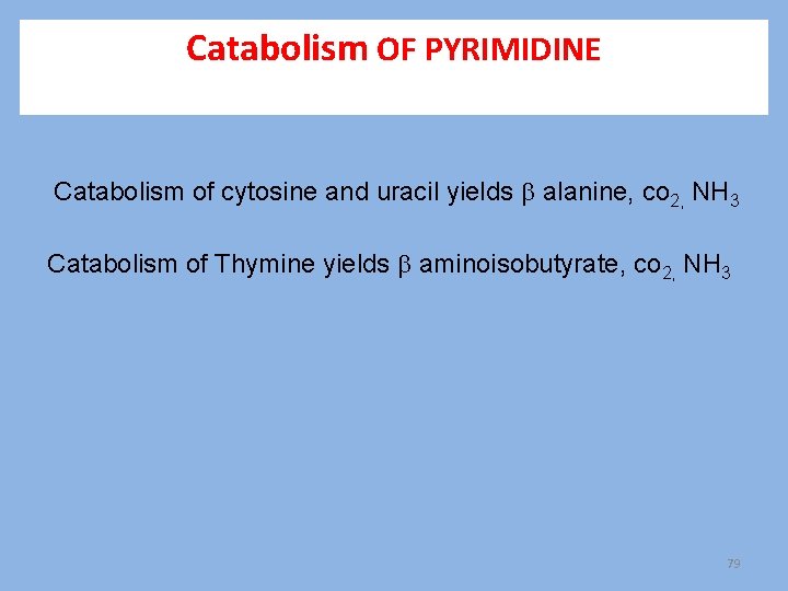 Catabolism OF PYRIMIDINE Catabolism of cytosine and uracil yields alanine, co 2, NH 3