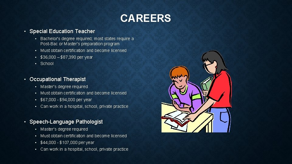 CAREERS • Special Education Teacher • Bachelor’s degree required; most states require a Post-Bac