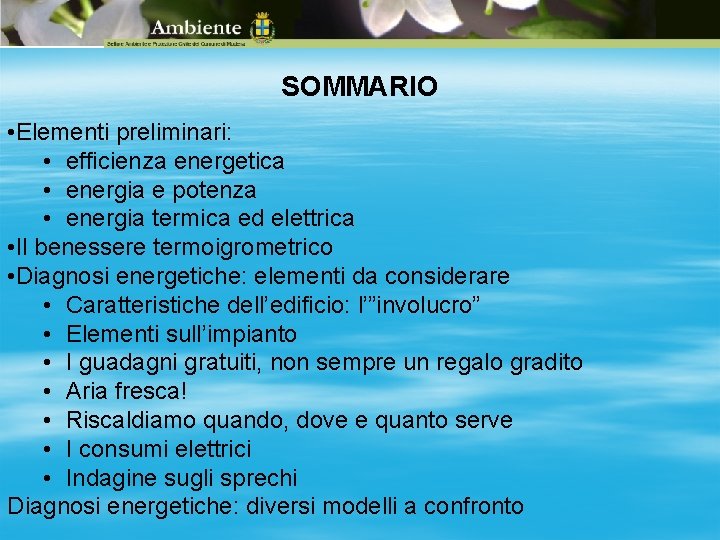 SOMMARIO • Elementi preliminari: • efficienza energetica • energia e potenza • energia termica