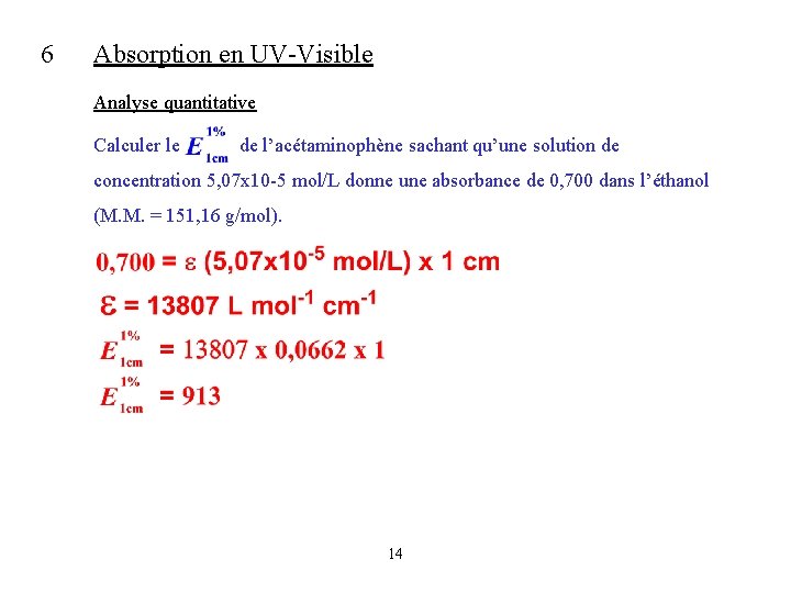 6 Absorption en UV-Visible Analyse quantitative Calculer le de l’acétaminophène sachant qu’une solution de