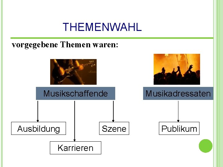 THEMENWAHL vorgegebene Themen waren: Musikschaffende Ausbildung Karrieren Szene Musikadressaten Publikum 