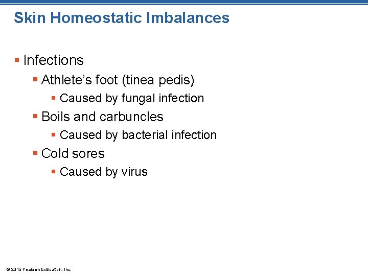 Skin Homeostatic Imbalances § Infections § Athlete’s foot (tinea pedis) § Caused by fungal