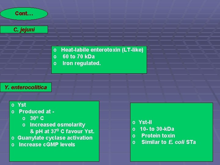Cont… C. jejuni o Heat-labile enterotoxin (LT-like) o 60 to 70 k. Da o