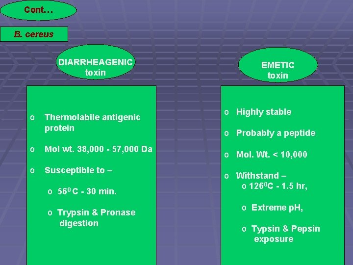 Cont… B. cereus DIARRHEAGENIC toxin o Thermolabile antigenic protein o Mol wt. 38, 000