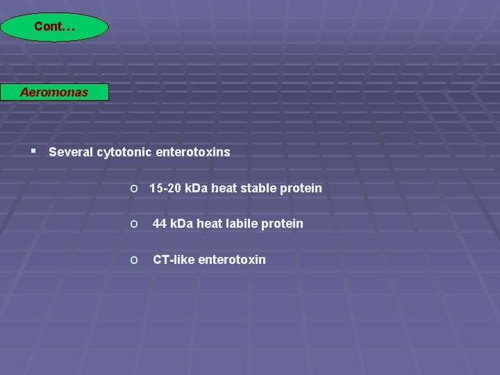 Cont… Aeromonas § Several cytotonic enterotoxins o 15 -20 k. Da heat stable protein.