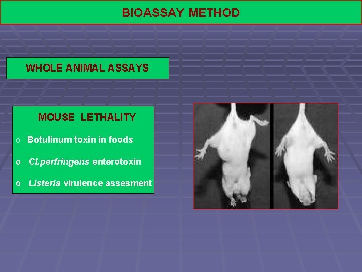 BIOASSAY METHOD WHOLE ANIMAL ASSAYS MOUSE LETHALITY o Botulinum toxin in foods o Cl.