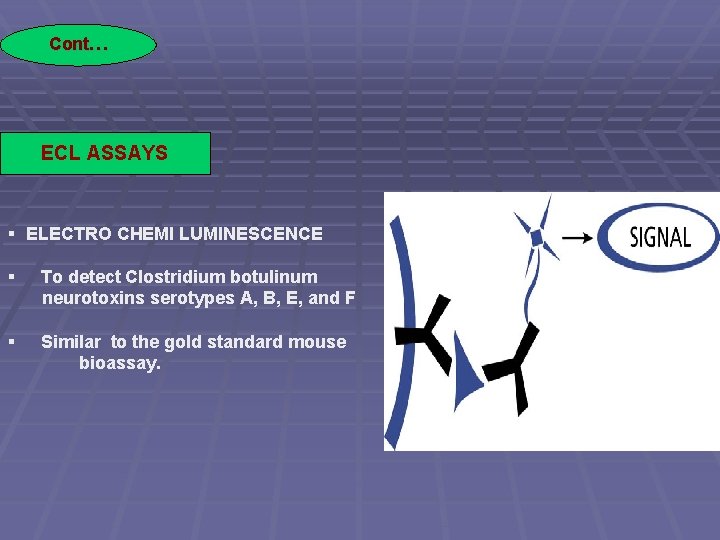 Cont… ECL ASSAYS § ELECTRO CHEMI LUMINESCENCE § To detect Clostridium botulinum neurotoxins serotypes