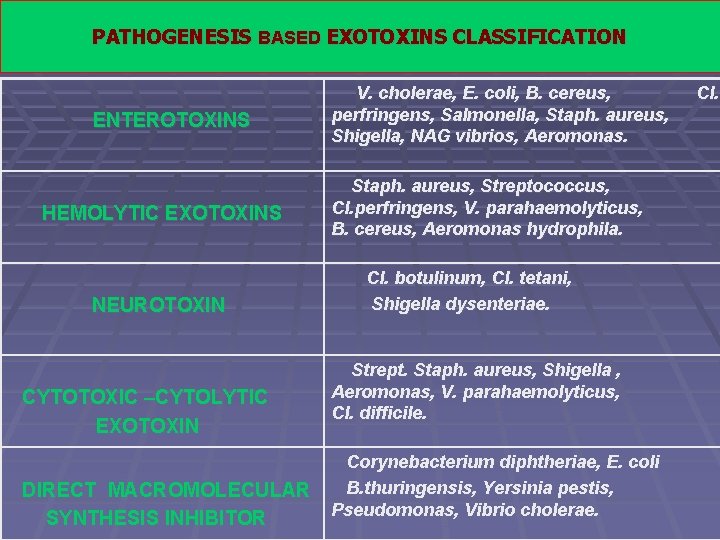 PATHOGENESIS BASED EXOTOXINS CLASSIFICATION ENTEROTOXINS HEMOLYTIC EXOTOXINS NEUROTOXIN CYTOTOXIC –CYTOLYTIC EXOTOXIN DIRECT MACROMOLECULAR SYNTHESIS
