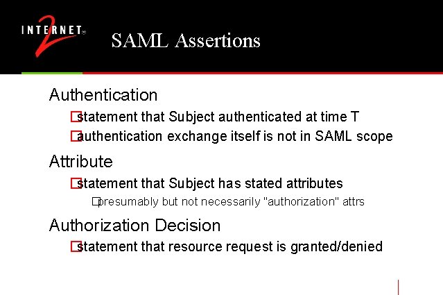 SAML Assertions Authentication �statement that Subject authenticated at time T �authentication exchange itself is