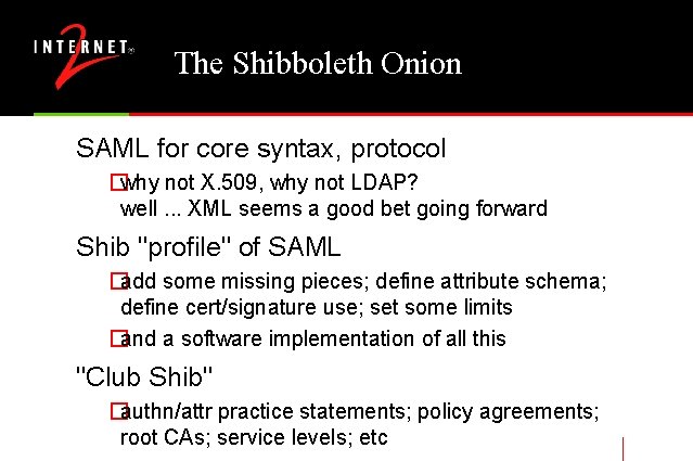 The Shibboleth Onion SAML for core syntax, protocol �why not X. 509, why not