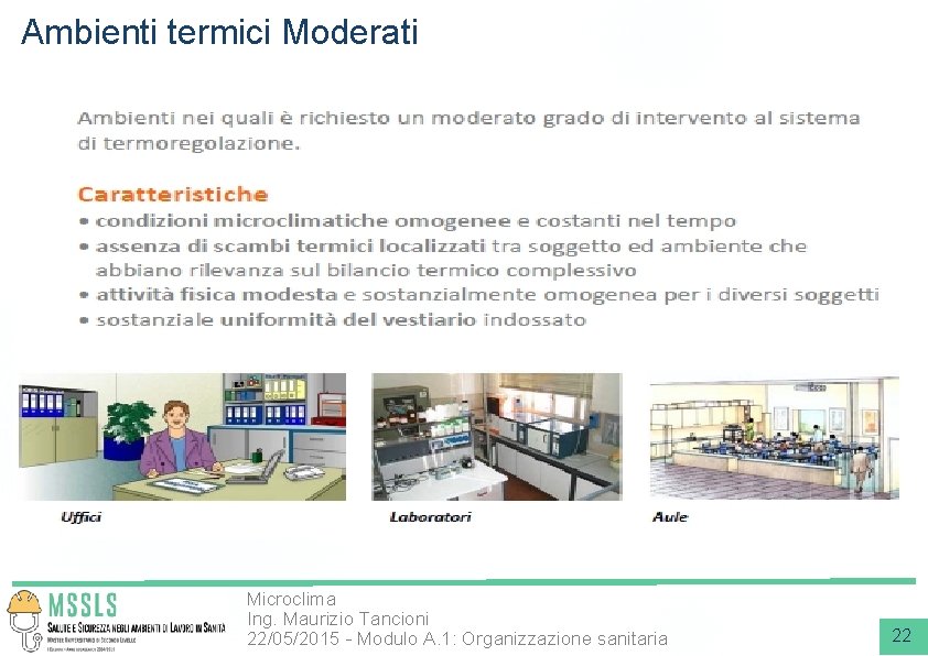 Ambienti termici Moderati Microclima Ing. Maurizio Tancioni 22/05/2015 - Modulo A. 1: Organizzazione sanitaria