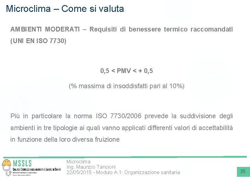 Microclima – Come si valuta AMBIENTI MODERATI – Requisiti di benessere termico raccomandati (UNI