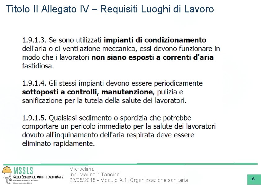 Titolo II Allegato IV – Requisiti Luoghi di Lavoro Microclima Ing. Maurizio Tancioni 22/05/2015