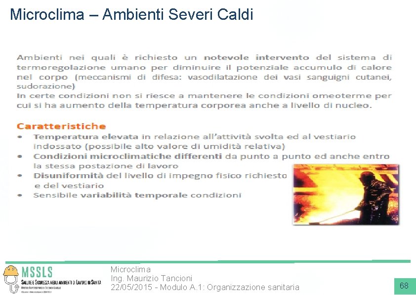 Microclima – Ambienti Severi Caldi Microclima Ing. Maurizio Tancioni 22/05/2015 - Modulo A. 1: