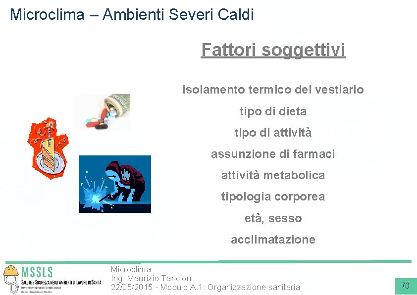 Microclima – Ambienti Severi Caldi Fattori soggettivi isolamento termico del vestiario tipo di dieta