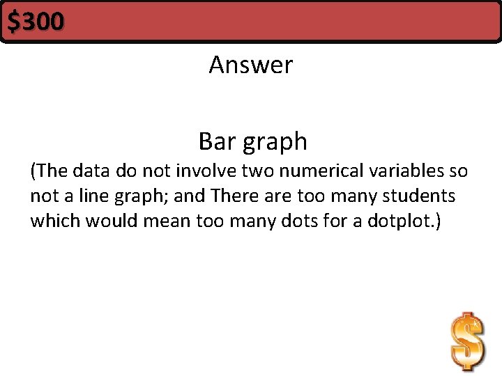 $300 Answer Bar graph (The data do not involve two numerical variables so not