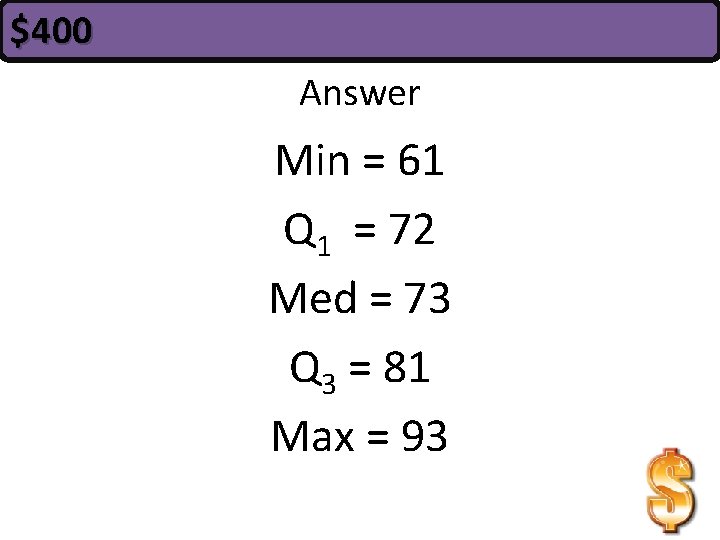 $400 Answer Min = 61 Q 1 = 72 Med = 73 Q 3