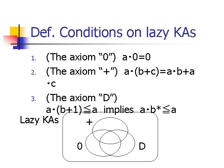 Def. Conditions on lazy KAs (The axiom “ 0”) a・ 0=0 2. (The axiom