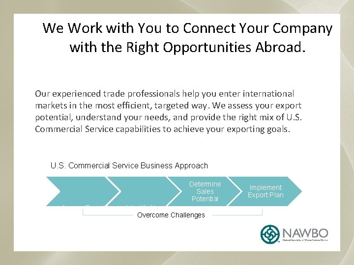 We Work with You to Connect Your Company with the Right Opportunities Abroad. Our