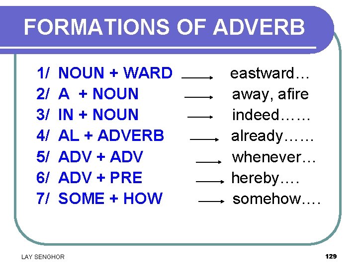 FORMATIONS OF ADVERB 1/ 2/ 3/ 4/ 5/ 6/ 7/ NOUN + WARD A