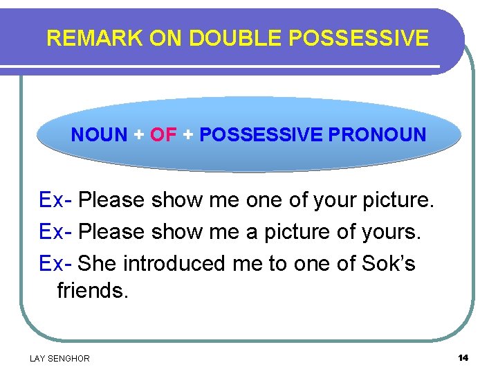 REMARK ON DOUBLE POSSESSIVE NOUN + OF + POSSESSIVE PRONOUN Ex- Please show me