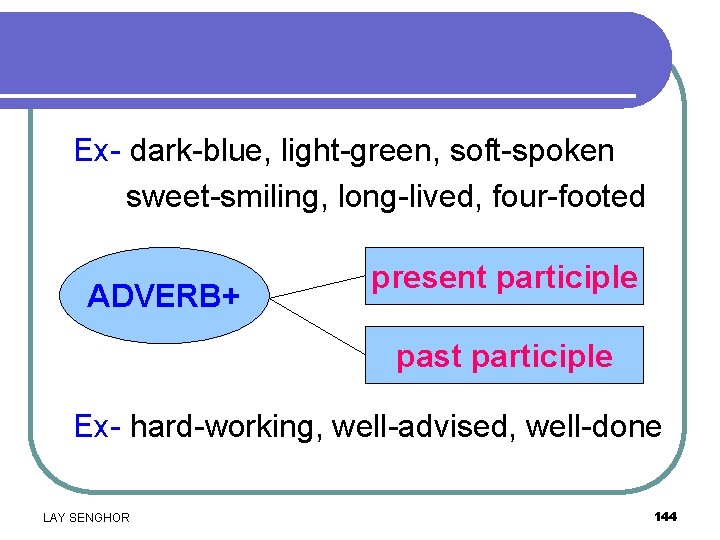 Ex- dark-blue, light-green, soft-spoken sweet-smiling, long-lived, four-footed ADVERB+ present participle past participle Ex- hard-working,
