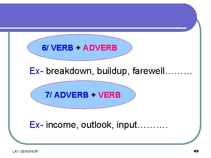 6/ VERB + ADVERB Ex- breakdown, buildup, farewell……… 7/ ADVERB + VERB Ex- income,