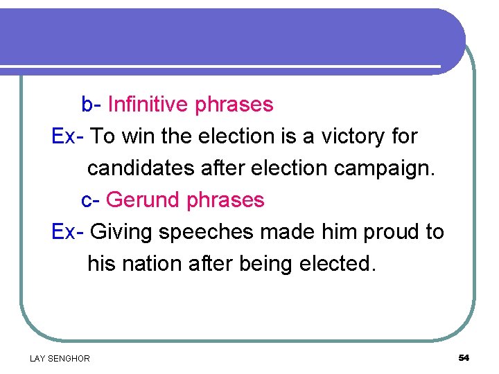 b- Infinitive phrases Ex- To win the election is a victory for candidates after