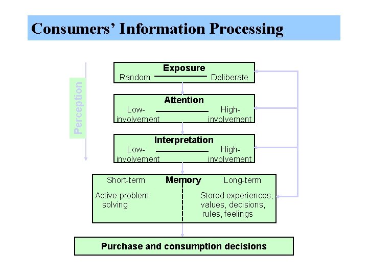 Consumers’ Information Processing Perception Exposure Random Deliberate Attention Lowinvolvement Highinvolvement Interpretation Lowinvolvement Short-term Active