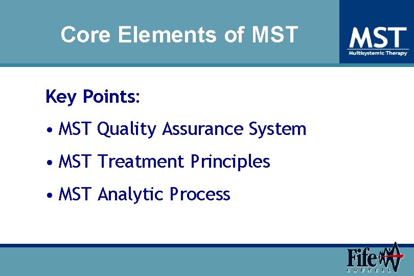 Core Elements of MST Key Points: • MST Quality Assurance System • MST Treatment