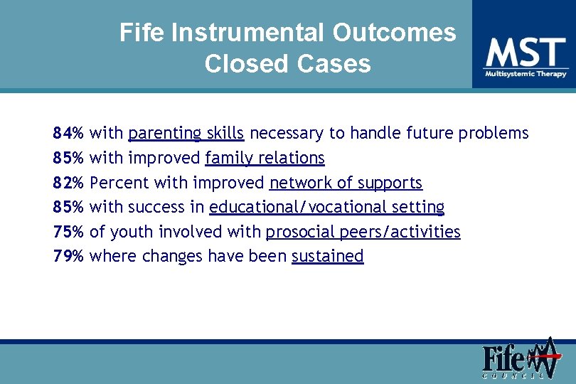Fife Instrumental Outcomes Closed Cases 84% 85% 82% 85% 79% with parenting skills necessary