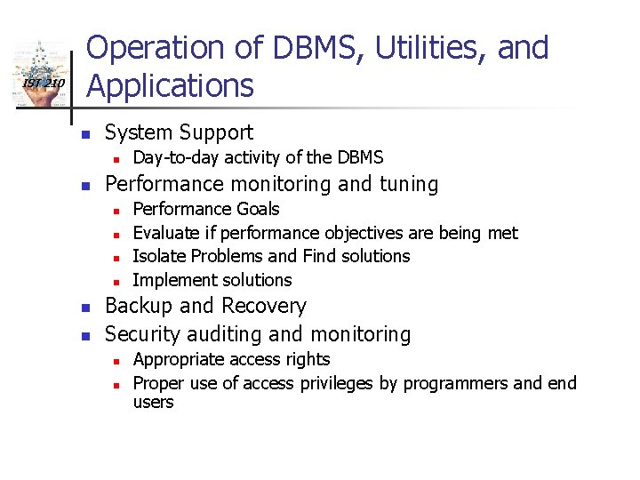 IST 210 Operation of DBMS, Utilities, and Applications n System Support n n Performance