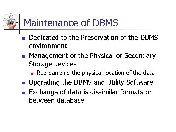 IST 210 Maintenance of DBMS n n Dedicated to the Preservation of the DBMS