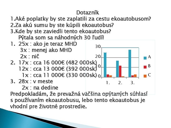 Dotazník 1. Aké poplatky by ste zaplatili za cestu ekoautobusom? 2. Za akú sumu